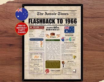 1966 AUSTRALIA 60th Birthday Newspaper Print Australian 60th Birthday Gift 1966 Birthday Poster 60 Years Ago Back in 1966 print Aussie