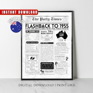 Impresión de periódico del 70.° cumpleaños de Australia de 1955 Regalo del 70.° cumpleaños de Australia Póster de cumpleaños de 1955 Hace 70 años Impresión de 1955 Datos australianos