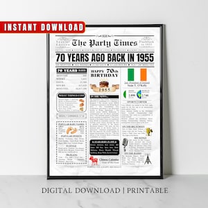 Afiche de periódico del 70.º cumpleaños irlandés de 1955 Datos de IRLANDA Hace 70 años En 1955 Idea de regalo del 70.º cumpleaños para hombres, mujeres, mamás, papás y padres irlandeses