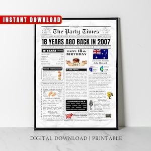 2007 AUSTRÁLIA 18º aniversário Jornal impresso Presente australiano de 18º aniversário 2007 Cartaz de aniversário 18 anos atrás Em 2007 impressão Aussie