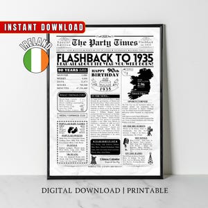 1935 na IRLANDA, pôster do 90º aniversário de 90 anos atrás, curiosidades irlandesas, cartão para impressão de 1935, presente de aniversário para homens e mulheres irlandeses