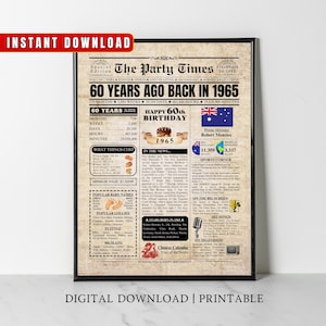 1965 AUSTRÁLIA 60º aniversário Jornal impresso Presente australiano de 60º aniversário Cartaz de aniversário de 1965 60 anos atrás Em 1965 impressão australiana