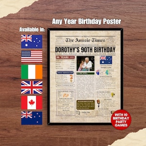 Puede incluir: Un póster enmarcado de cumpleaños con el titular "DOROTHY'S 90TH BIRTHDAY" en estilo periódico. El póster incluye el texto "READ ALL ABOUT THE YEAR YOU WERE BORN!" y está disponible en varios países.