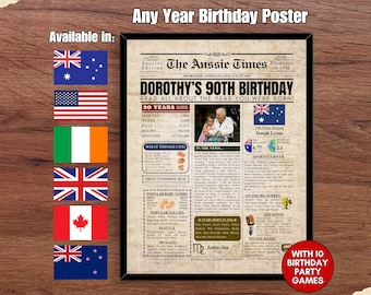 Jedes Jahr Geburtstagsgeschenk Zeitungsplakat, individuelles Geburtstagsgeschenk für Ihn Ihre Männer Frauen, Fakten über Aussie Kiwi British American Canadian