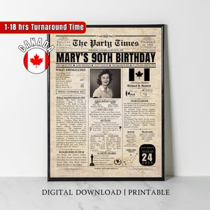 Impresión de periódico personalizada del 90.° cumpleaños de Canadá de 1935, póster del 90.° cumpleaños de Canadá, regalo de cumpleaños personalizado de 1935 para mamá, papá, él y ella, decoración