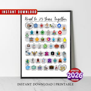 Puede incluir: Impresión enmarcada titulada "Road to 25 Years Together", que presenta una línea de tiempo de eventos de 2001 a 2025. El diseño incluye iconos y texto, con una versión actualizada de 2026. Descarga instantánea disponible.