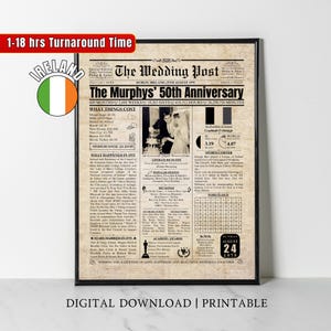 Presentes de 50º aniversário de casamento irlandês Cartaz de jornal personalizado 50 anos atrás Em 1975 Presente de casamento para mamãe e papai Bodas de ouro Irlanda
