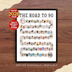 May include: A framed print titled "The Road to 90," featuring a timeline of significant events from the year of birth to the present day. The print includes the text "Updated! 2026 Version" and "Free 10 Birthday Party Games."