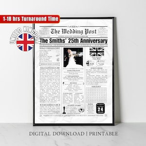 UK 25th Wedding Anniversary Gifts Custom Newspaper Poster 25 Years Ago Back in 2000 Wedding Gift for Mum Dad Silver Anniversary BRITISH