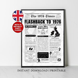 Könnte beinhalten: Ein gerahmter Schwarz-Weiß-Druck einer Titelseite einer Zeitung mit dem Titel "The 1976 Times". Die Schlagzeile lautet "Flashback to 1976". Enthält Informationen über das Jahr, beliebte Babynamen und beliebte Süßigkeiten. Eine Union Jack-Flagge befindet sich in der oberen linken Ecke.