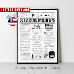 Cartaz de aniversário de 1975, presente de 50º aniversário para ele e ela, arte de parede para festa de 50º aniversário, 50 anos atrás em 1975 para impressão, versão dos EUA nascidos em 1975