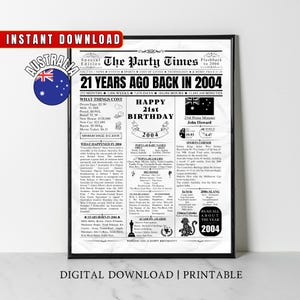 AUSTRALIA 21st Birthday Newspaper Printable, 2004 Australian 21st Birthday Gift, 2004 Birthday Poster, 21 Years Ago Back in 2004 Party Decor