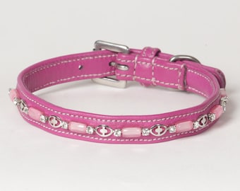 Leather Dog Collar Beaded Rhinestone Genuine Soft Napa Leather &quot;Dazzle&quot; - XX-Small to Small