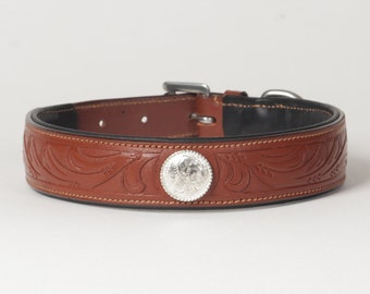 Leather Dog Collar Wide Hand Carved Genuine Leather "Ponderosa" - Medium through X-Large