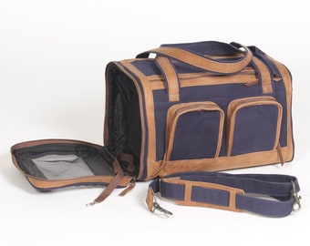 Pet Deluxe Travel Carrier – Tough Khaki Organic Cotton Canvas with Genuine Leather Accents