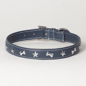 Leather Dog Collar Soft Real Blue Napa Leather &quot;Azzuro&quot; with chrome plated doggy bone rivets XX-Small to X-Large