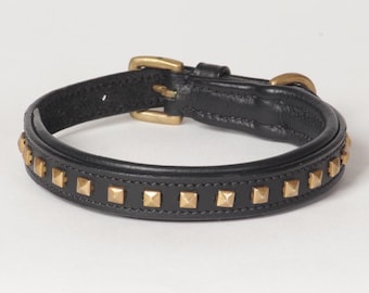 Leather Dog Collar Decorated with Gold Colored Rivets Genuine Leather "Phantom" -  X -Small to Small