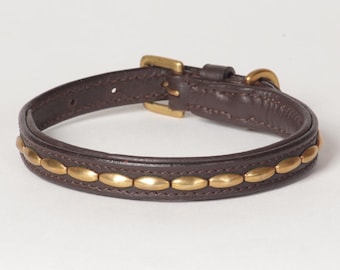 Leather Dog Collar Decorated with Golden Colored Rivets Genuine Leather &quot;Camelot&quot; -    XX-Small and Small