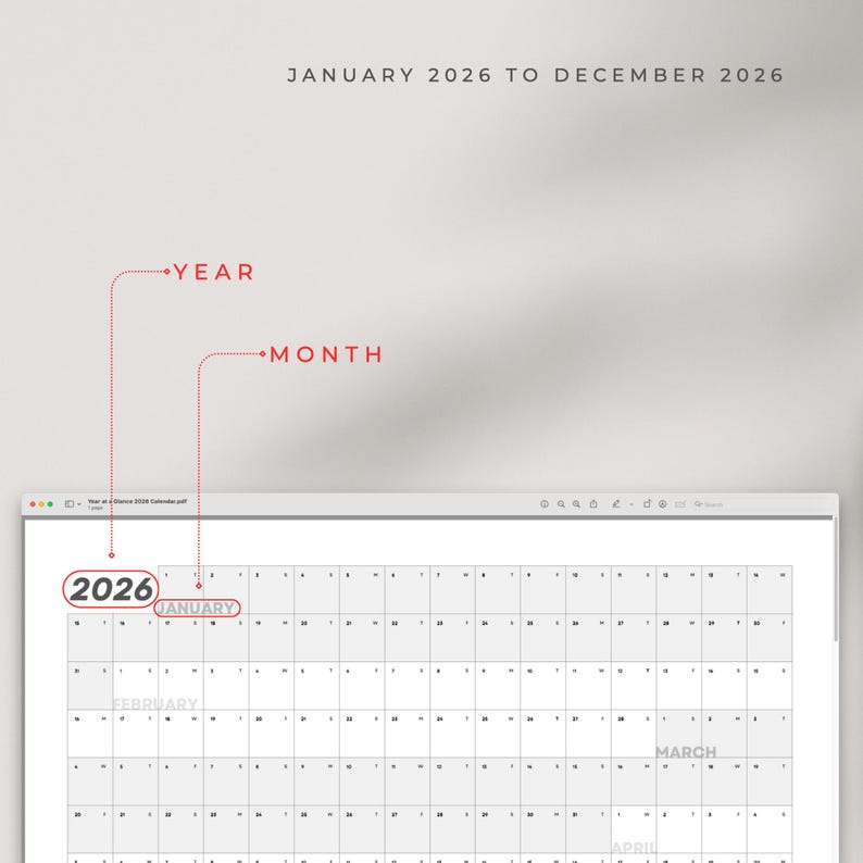 2026 Year at a Glance Wall Calendar | Productivity Essentials | Instant ...