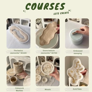 Puede incluir: Un folleto educativo titulado WELCOME TO COSY23 COURSES LETS CREATE que presenta seis imágenes instructivas de técnicas de artesanía con Jesmonite, incluyendo vertido, textura de piedra, estampado, veteado, mosaico y aplicación de pan de oro.