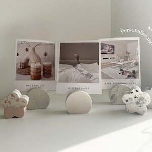 Polaroid Photo holders, Circle & flower, personalised, different colour effects, Handmade | Jesmonite | Neutral home decor and gifts.