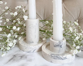 Candle stick holder set 2, marble effect, Handmade | jesmonite | home decor and gift