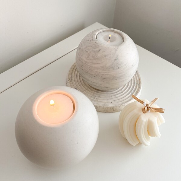 Large round ball marble effect tea light holder, Handmade | jesmonite | home decor and gift