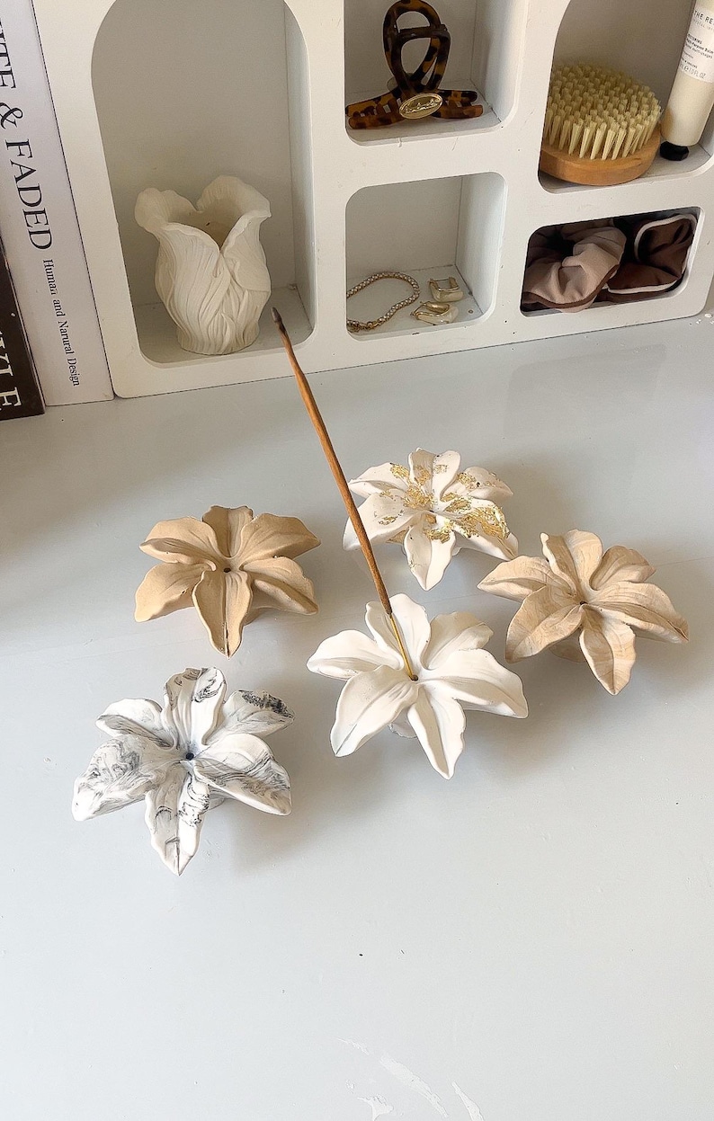 Lily flower Incense holder, custom colours effects | Handmade | Jesmonite | Incense trays | Neutral home Decor and gifts. image 1