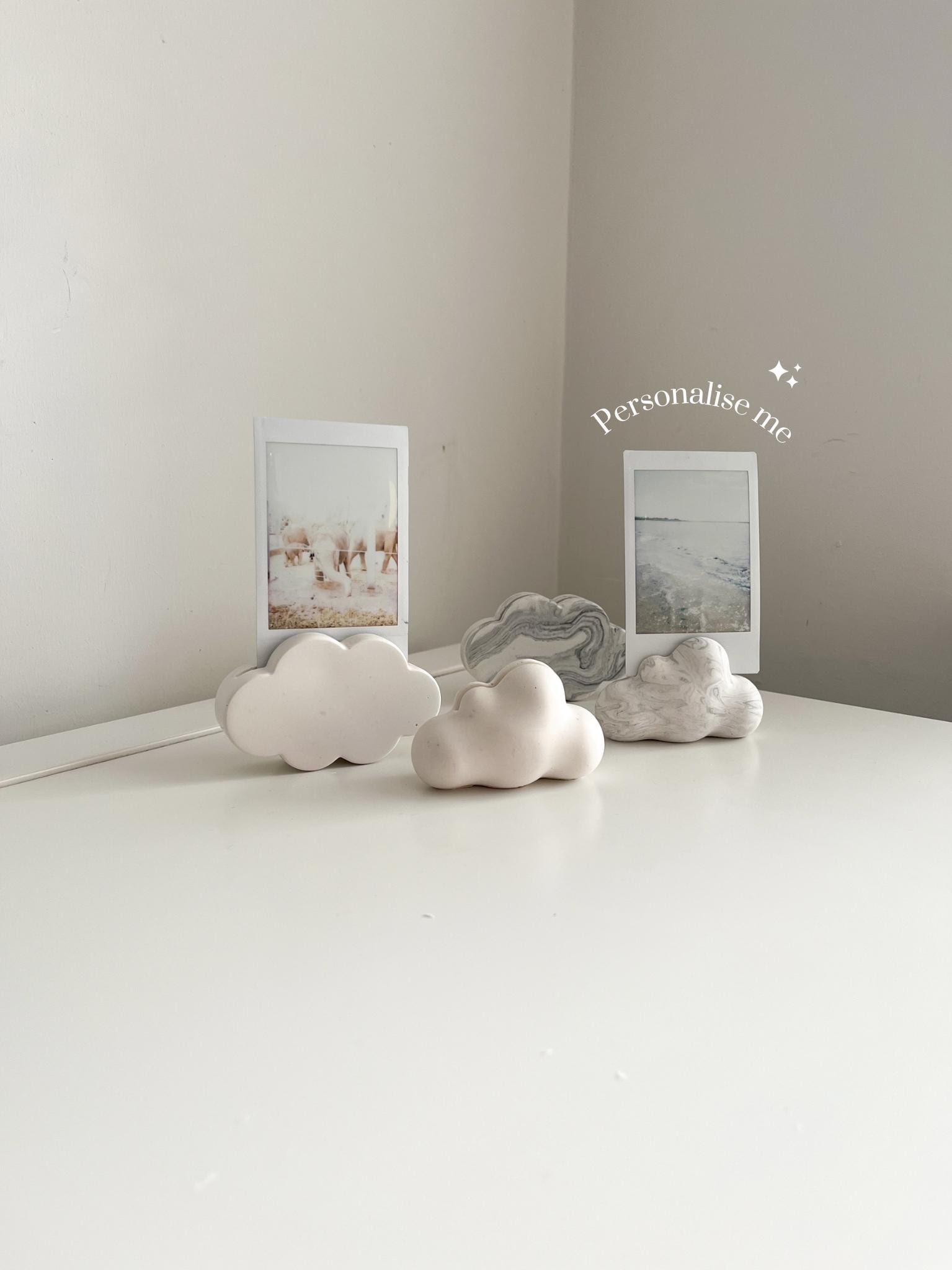 Polaroid photo holder set of 2, Cloud & bubble, personalised, custom colour effects | Handmade | Jesmonite | Neutral decor and gifts