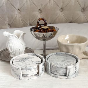 Holder & coaster set of 4, marble sets, Handmade | Jesmonite | Drinkware | Neutral home decor and gifts.