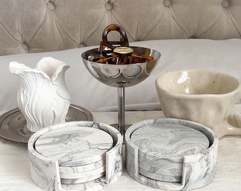 Holder & coaster set of 4, marble sets, Handmade | Jesmonite | Drinkware | Neutral home decor and gifts.