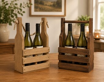 Double-Bottle Wood Wine Caddy with Choice of Handle - Pine