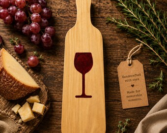 Wine Bottle-Shaped Hardwood Charcuterie Board with Optional Wine Glass Inlay, Custom Wood Options