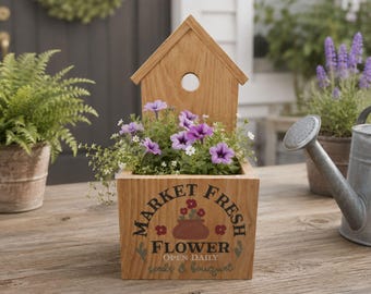 Rustic  Pine Birdhouse Planter with Choice of Stains and Stencils