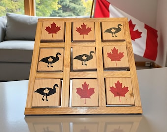 Handmade Wood Canadian Tic-Tac-Toe Game with Choice of Wildlife with Maple Leaf