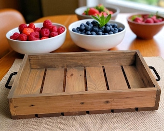 Slatted Wood Farmhouse Serving Tray with Handles - Reclaimed Wood or Pine