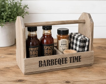 Handmade Wood Grill Caddy – Rustic BBQ Organizer with Handle, Pine/Reclaimed Wood