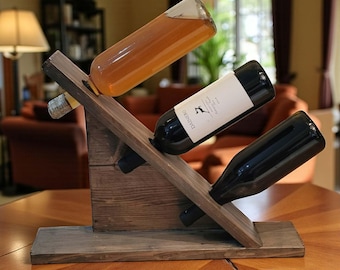 Rustic Angled 3 Bottle Wine Rack, Reclaimed Wood or Pine