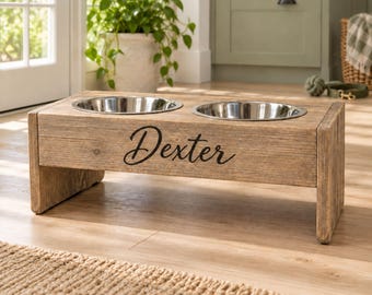 Personalized Raised Dog Bowl Stand, Rustic Wooden Pet Feeder, Stainless Steel Dishes