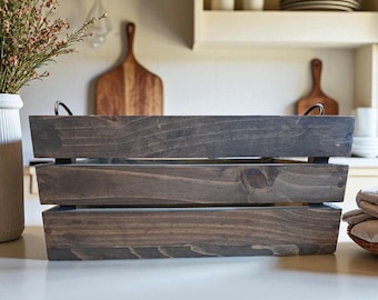 Slatted Wood Storage Crate with Black Metal Handles