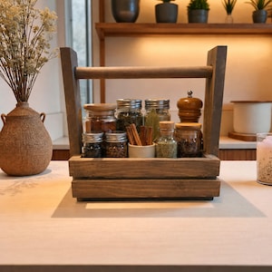 May include: A wooden spice rack with a handle, containing glass jars of spices, cinnamon sticks, and a wooden pepper grinder. The rack is on a light countertop, suggesting a kitchen. The rack is made of dark wood.
