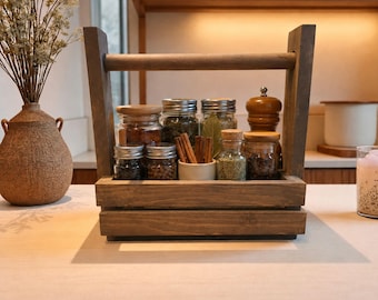 Small Pine Wood Caddy with Handle and Custom Stains