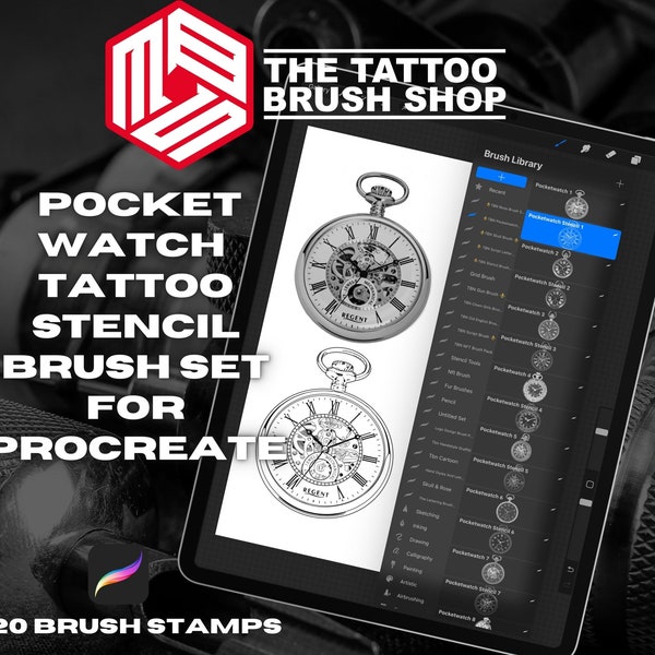 20 Pocket Watch Tattoo Stencil Brush Pack for Procreate