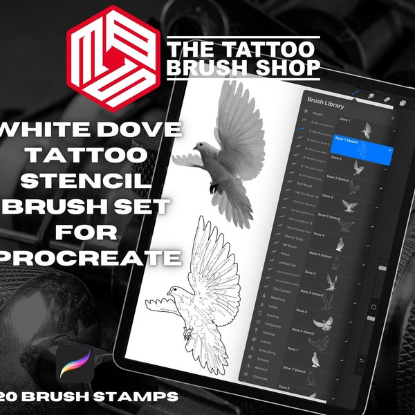20 White Dove Tattoo Stencil Brush Pack for Procreate