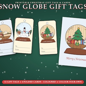 Pu&ograve; includere: Etichette regalo e biglietti di Natale stampabili con illustrazioni di palle di neve. Tre etichette rettangolari con i testi 'Merry Christmas', 'Let It Snow' e 'Happy Holidays', pi&ugrave; un biglietto pieghevole con albero, orso e coniglio.