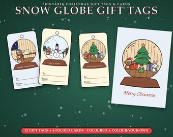 Può includere: Etichette regalo e biglietti di Natale stampabili con illustrazioni di palle di neve. Tre etichette rettangolari con i testi 'Merry Christmas', 'Let It Snow' e 'Happy Holidays', più un biglietto pieghevole con albero, orso e coniglio.