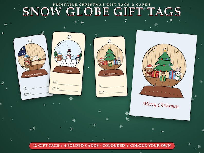 Pu&ograve; includere: Etichette regalo e biglietti di Natale stampabili con illustrazioni di palle di neve. Tre etichette rettangolari con i testi 'Merry Christmas', 'Let It Snow' e 'Happy Holidays', pi&ugrave; un biglietto pieghevole con albero, orso e coniglio.