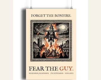 Guy Fawkes Bonfire Night Art Print, Folk Horror Woodcut Style (A4)