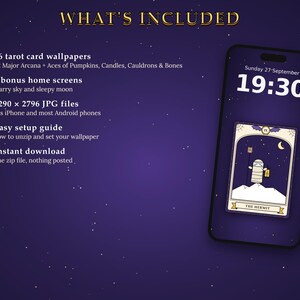 May include: A digital product listing featuring a smartphone displaying a tarot card wallpaper of The Hermit. The text lists 26 tarot card wallpapers, 2 bonus home screens, 1290 x 2796 JPG files, an easy setup guide, and instant download availability.