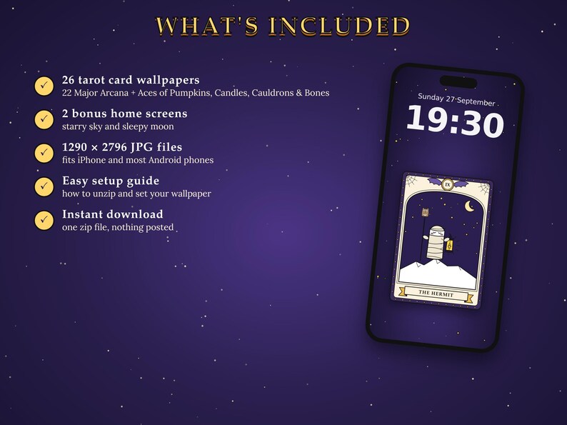 May include: A digital product listing featuring a smartphone displaying a tarot card wallpaper of The Hermit. The text lists 26 tarot card wallpapers, 2 bonus home screens, 1290 x 2796 JPG files, an easy setup guide, and instant download availability.